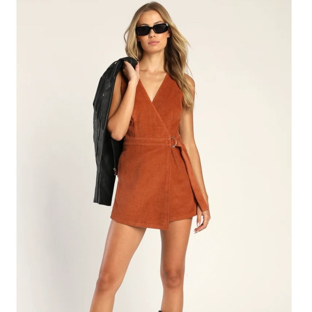 Lulu's Absolutely Cute Rust Orange Corduroy Faux-Wrap Skort Romper Size M